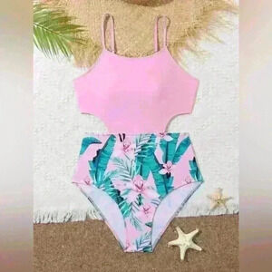 SHEIN Teen Girl's Floral  Print Hollow Out Waist Cami
One-Piece Swimsuit